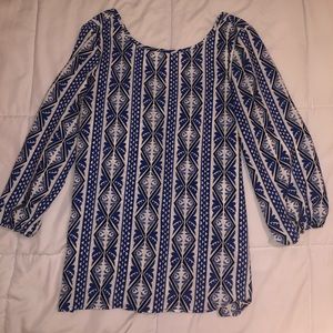 3 Quarter Length Blue Print Chiffon Blouse